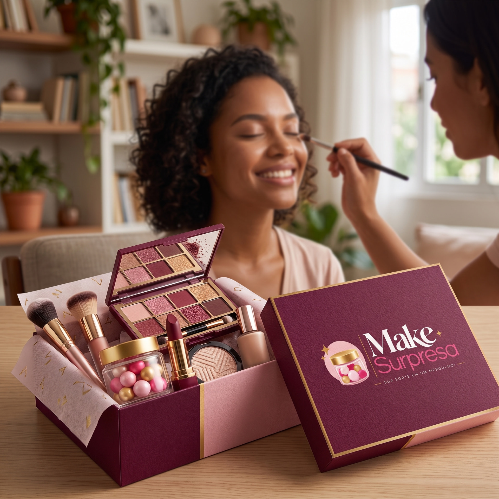 Caixa Make Surpresa aberta com paleta, batom, pincéis e pérolas coloridas